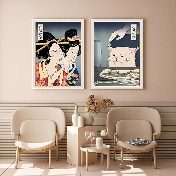 2 Pieces Fun Cute Canvas Paintings Japanese Women Yell at Cats Eat Food Posters and Prints Vintage Wall Art meme poster Pictures Dining Room Wall Decoration Living Room Kitchen Hallway Unframed 8x10 inches……