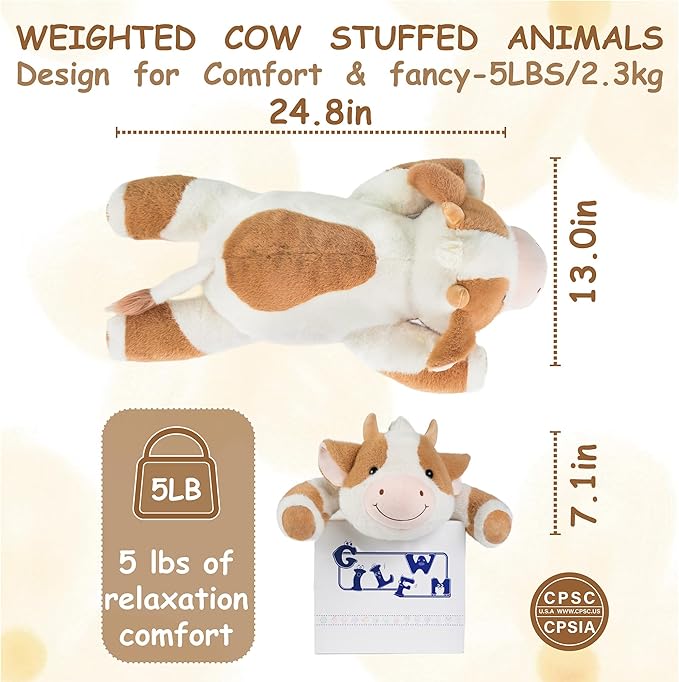 Weighted Stuffed Animals Cow - 25" Big Stuffed Animal Toy Pillow for Kids & Adults, 5 lbs Ultra-Soft Washable Weighted Plush