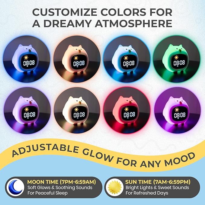 Bumble & Bright Kids’ Alarm Clock – Okay to Wake Clock with Nightlight & Sound Machine | Teaches Sleep Training & Helps Kids Stay in Bed | 8 Colors, 6 Sounds, Snooze | USB Powered (Corded Electric)