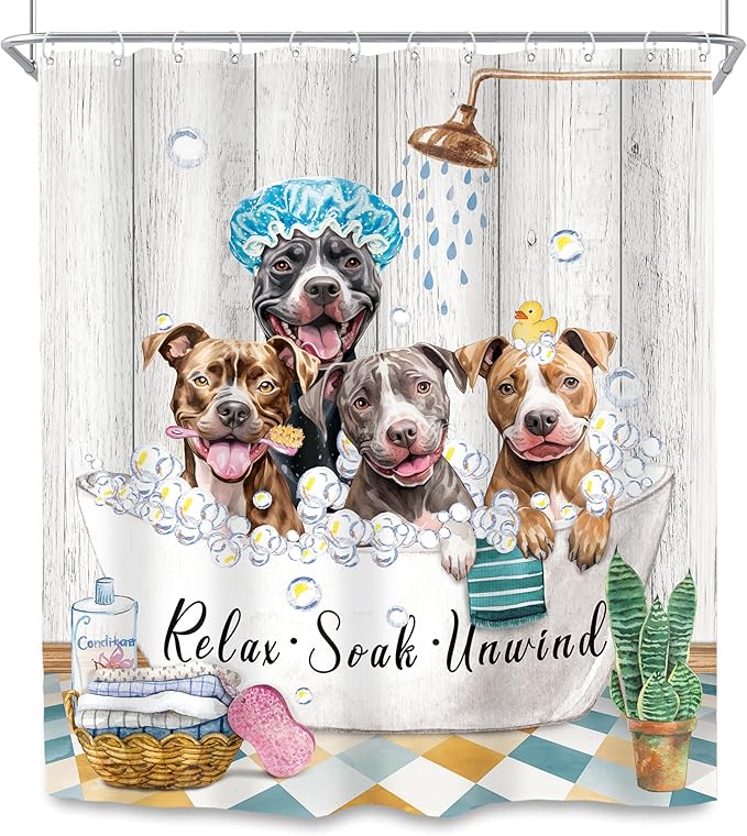SVBright Funny Dog Shower Curtain 60Wx72L Inch Kids Cute Animals Farmhouse Puppy Shower Wooden Plank Bubbles Vintage Rustic 12 Pack Hooks Polyester Waterproof Fabric Bathroom Bathtub Panels