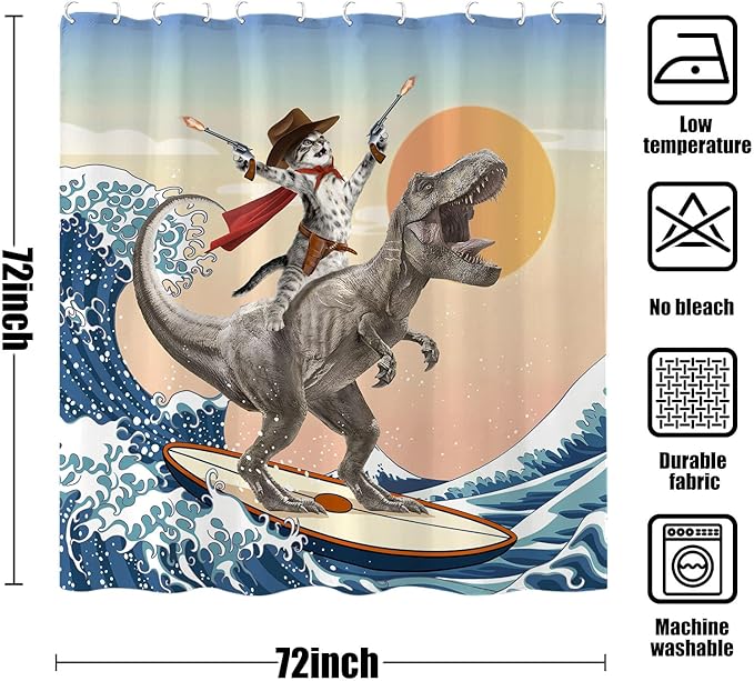 Yeoiat Funny Cat Shower Curtain Cool Cat Riding Dinosaur Surfing in Ocean Wave, Cute Shower Curtain Set 12 Hooks for Bathroom Decor, (Blue, 72"x72")