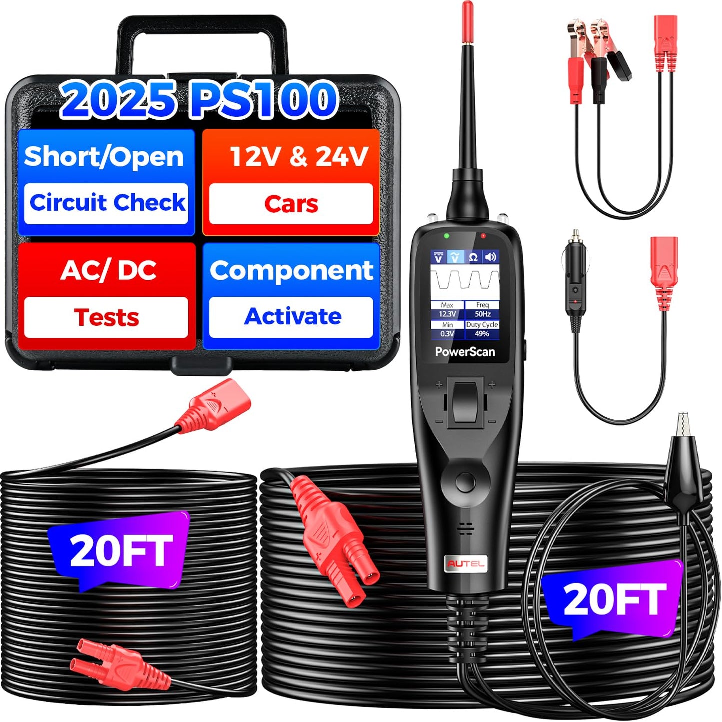 2025 Autel PowerScan PS100 Power Circuit Probe Tester, 12-24V Automotive Electrical Open/Short Breaker Finder, Component Activation Test Tool, AC/DC Trailer Relay Fuse Test, 40FT Cable, for 99% Cars