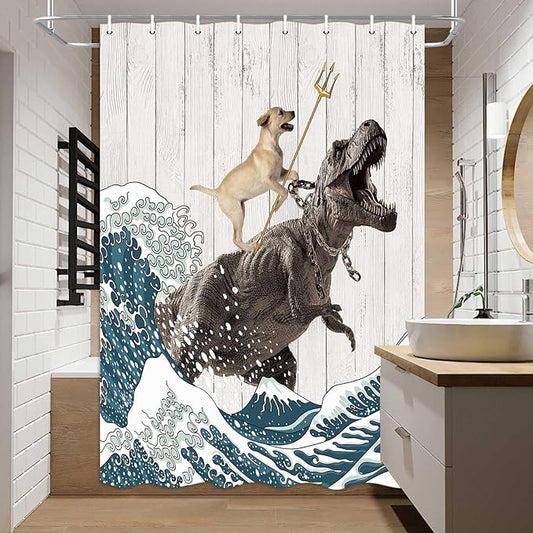 Boziqr Funny Dog Shower Curtain, Japanese Ocean Wave Dinosaur Rustic Barn Door Decor Fabric Bathroom Curtains Set, Cute Animal Kids Polyester Fabric Waterproof, 48 X 70 Inches