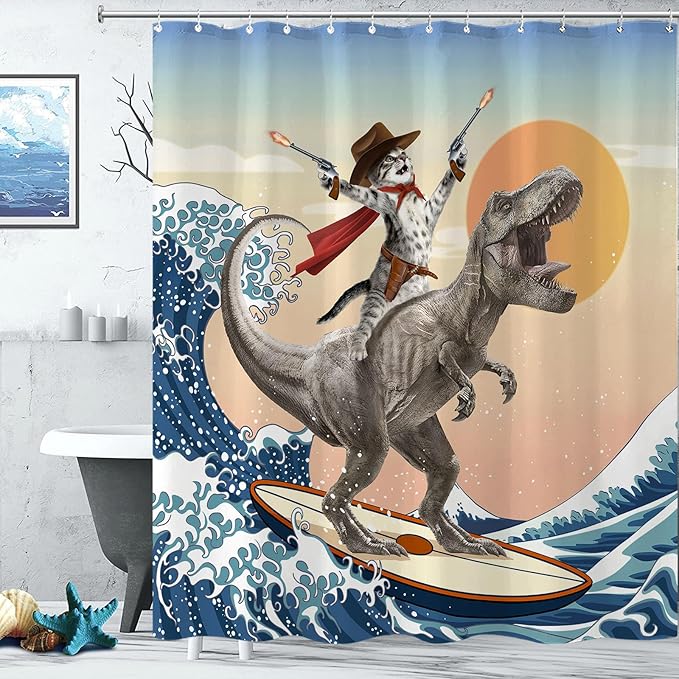 Yeoiat Funny Cat Shower Curtain Cool Cat Riding Dinosaur Surfing in Ocean Wave, Cute Shower Curtain Set 12 Hooks for Bathroom Decor, (Blue, 72"x72")