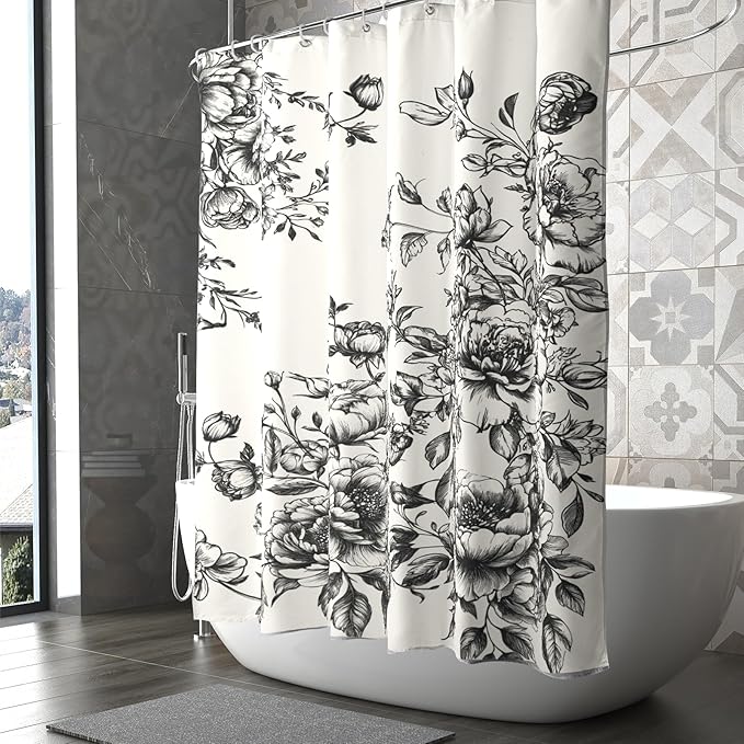 Vintage Floral Shower Curtain Chinoiserie Black White Victorian Style Floral Bathroom Curtain with Hooks Waterproof Fabric Washable Waterproof Curtain for Bathtub Decor 72x72 Inch
