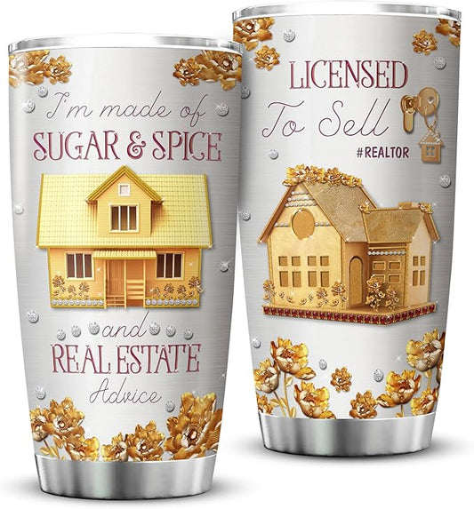ZOXIX Realtor Coffee Tumbler Stainless Steel Mug With Lid 20oz Travel Cup Gifts For Realtors Female Flower Floral Housing House Girl Cute Tumblers For Women Salesperson Accessories