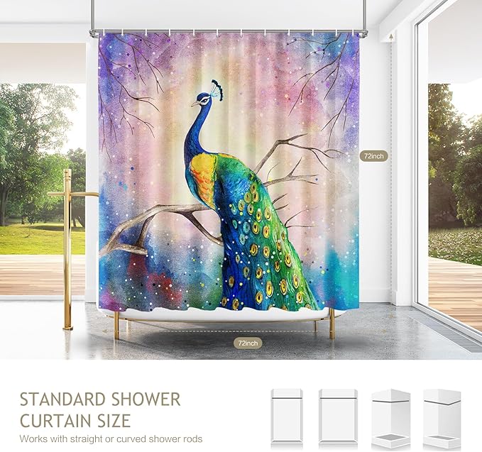 Vimorco Oil Painting Peacock Shower Curtain, Beautiful Peacock Shower Curtains for Bathroom, Waterproof Quick-Dry Polyester Fabric Shower Curtain, Art Peacock Bath Curtain Bathroom Decor, 12 Hooks