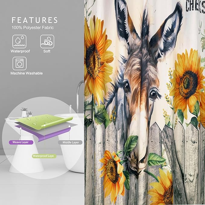 Vimorco Shower Curtain Funny Donkey, Cute Donkey Shower Curtains for Bathroom, Waterproof Quick-Dry Polyester Fabric Shower Curtain, Farmhouse Sunflower Bathroom Set, Bath Curtain Decor, 72''x 72''