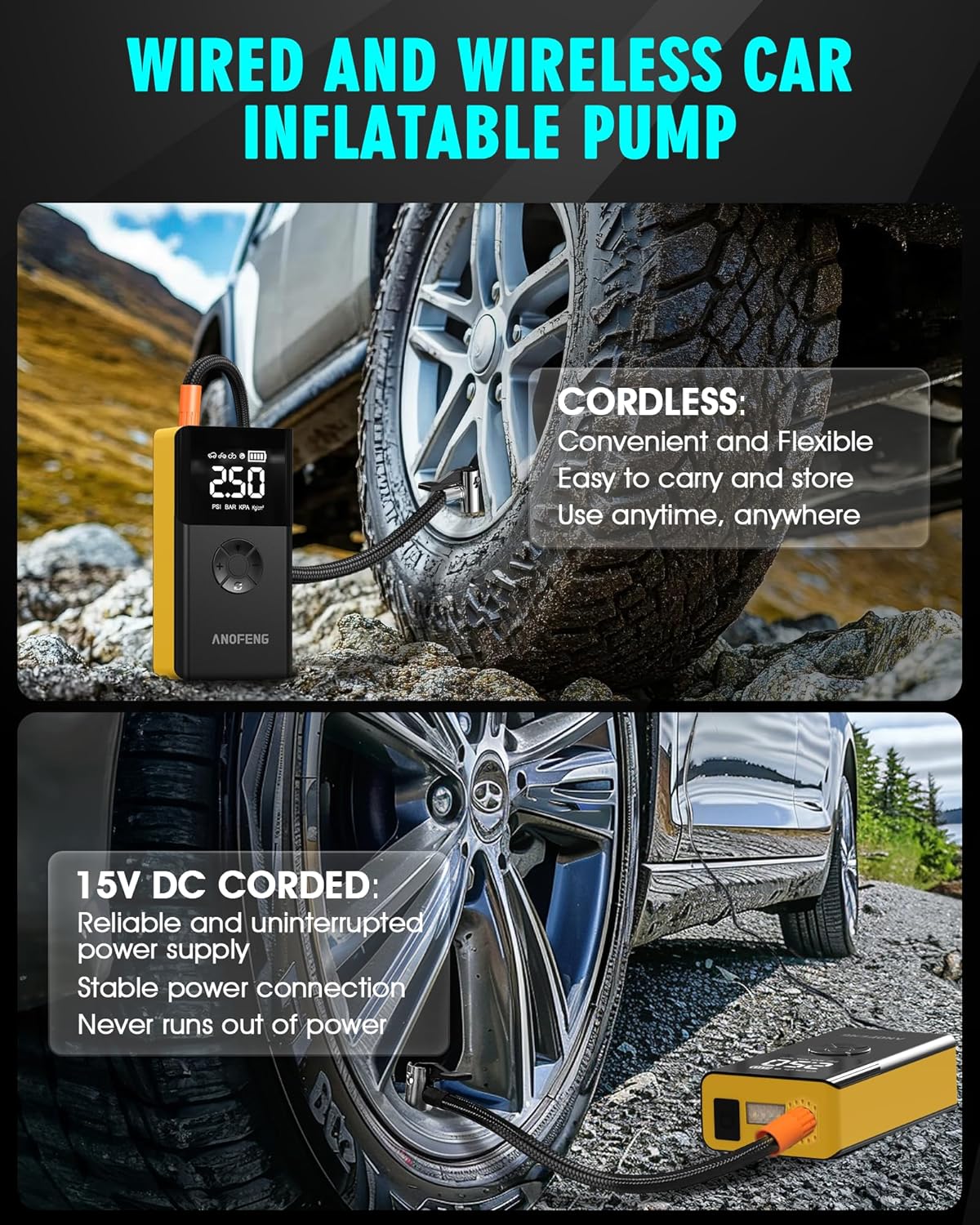 Portable 3000A Jump Starter with Air Compressor,150 PSI Air Pump 12V Jump Box for Car Battery Jump Starter (10L Gas/8L Diesel) with Jumper Cable,3 Modes Flashlight,LCD Display