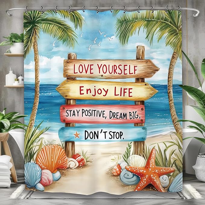 Yookeb Tropical Beach Palm Tree Bathroom Shower Curtain 60W by 71H Inch Coastal Nautical Ocean Quotes Motivational Summer Scenery Inspirational Polyester Fabric 12 Plastic Hooks Waterproof Decor