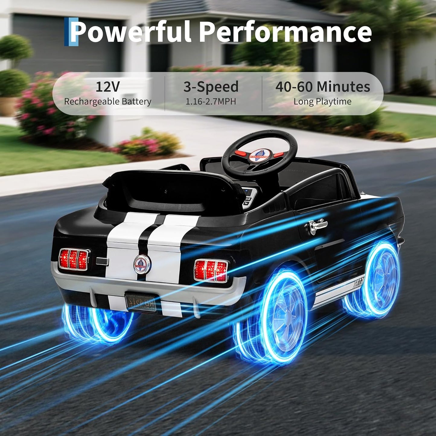 12V Ride on Car Licensed Shelby GT350, Battery Powered Ride On Toy for Toddlers with Remote Control, Electric Car for Kids, Bluetooth, Shock Absorbers, Safety Belt, 3 Speeds, LED Lights, Music, Black