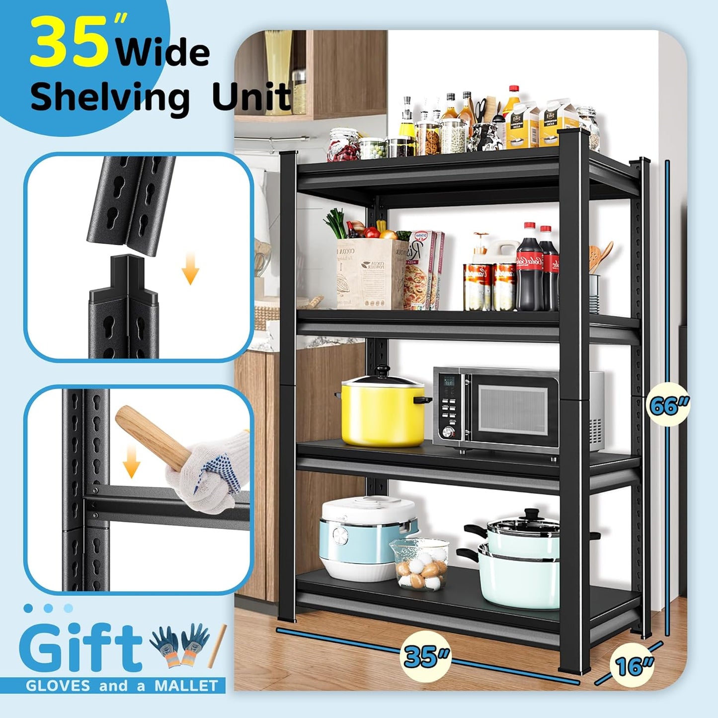 1400LBS Garage Storage Shelves Heavy Duty, 35" W x 16" D x 66" H,4-Tier Garage Shelving Heavy Duty, Industrial Metal Shelving Units for Basement,Fish Tank,Black