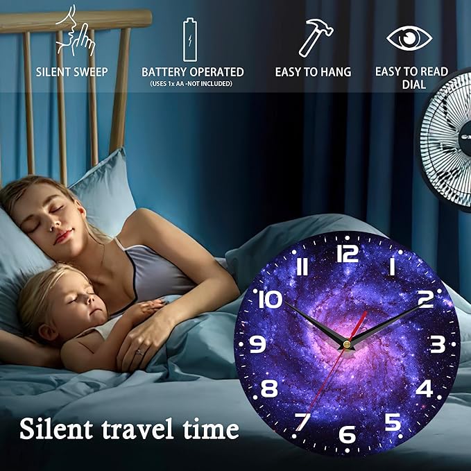 Wall Clock, 10 Inch Silent Non-Ticking Home Kitchen Decor, Battery Operated for Bathroom Bedroom Living Room Office(Cosmic Galaxy)