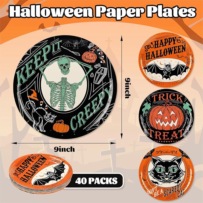 Whaline Halloween Paper Plates Vintage Orange Black Disposable Dinner Plates Black Cat Pumpkin Bat Skeleton 9 Inch Dinnerware Plate for Party Supplies Table Decor, 40Pcs