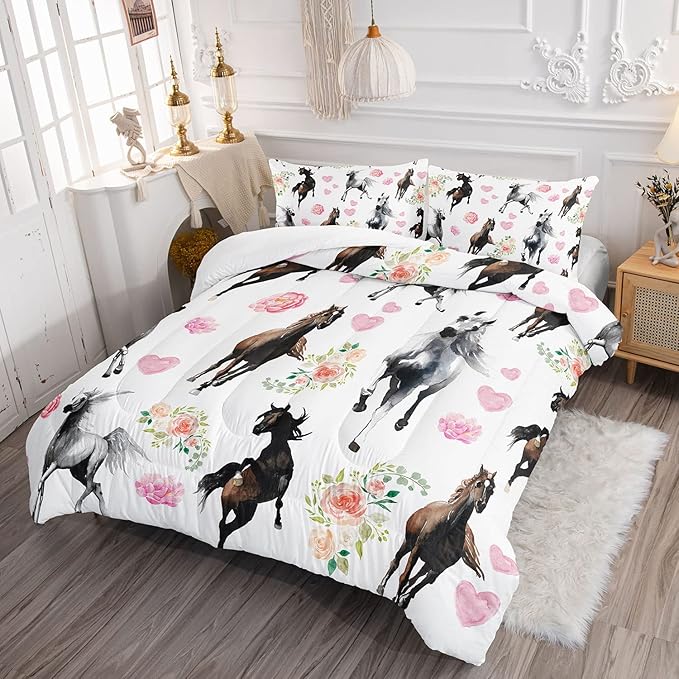 Watercolor Horse Comforter Bedding Set for Boys Girls Kids Teens,Watercolor Painting Horse and Rose Print,Light Color Comforter with 2 Pillowcases(Horse Floral Twin)