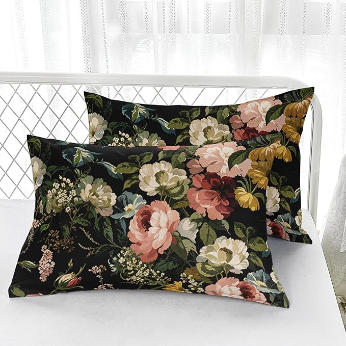 Black Floral Comforter Set King Colorful Floral Bedding Sets 3PCS for Kids Teen Adult Flowers Leaves Room Decor Ultra-Soft Lightweight Microfiber 1 Comforter with 2 Pillowcases