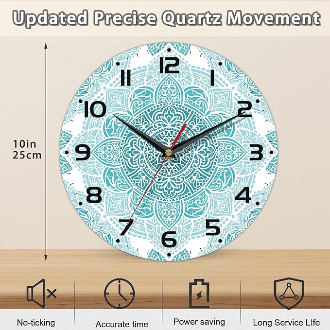 Teal Mandala Flower Wall Clock, Silent Non-Ticking, Battery Operated, Wooden Decorative Round Clock with Arabic Numerals, 10 Inch