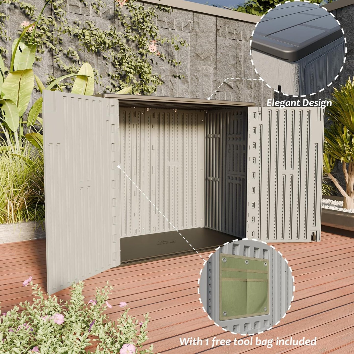 HOMSPARK 37 Cu.Ft Outdoor Storage Shed Weather Resistant, Resin Storage Sheds & Outdoor Storage Box for Backyard Garden Patio Lawn, Multi functional | Double-wall Shed with Lockable Doors,(Light Gray)