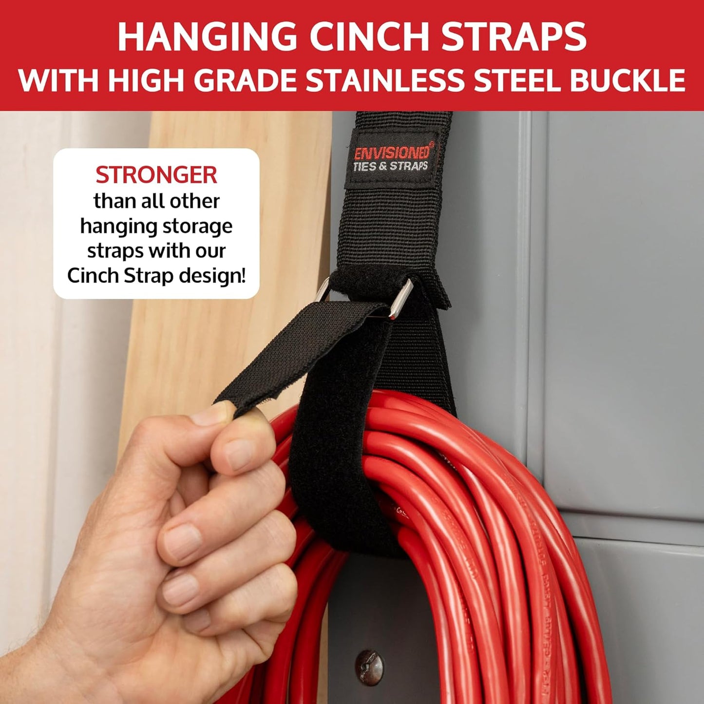 Heavy Duty Hanging Storage Cinch Straps with Metal Buckle (4 Pack, 1.5" x 12") - Electrical Extension Cord & Garden Hose Holder, Cable Management, Storage Organizer in Garage, Workshop - ENVISIONED