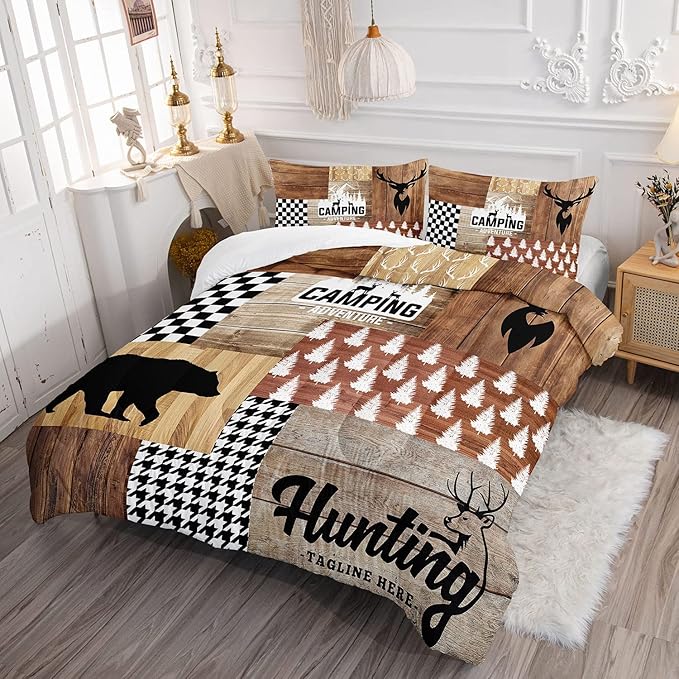 Camping Hunt Kids Comforter Bedding Set for Boys Girls,Bear Deer Silhouette Collage Wooden Pattern Comforter with 2 Pillowcases(Camping Hunt Full)
