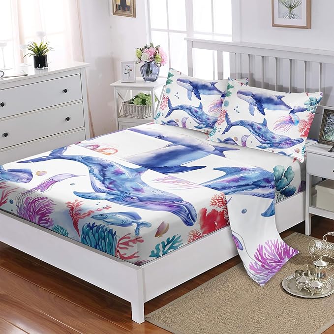 Whale Jellyfish Shark Bedding Dolphin Coral Sheet 4Pcs Twin Fish Starfish Bedspread Set for Kid Teen Girl Boy Clownfish Seaweed Bed Decor with 1 Flat Sheet and 1 Fitted Sheet+2 Pillowcases