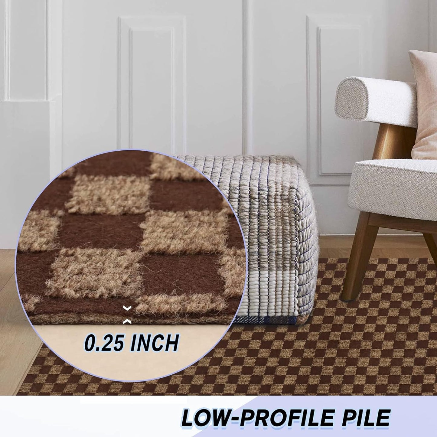 Custom Size Backed Non-Slip Area Rugs Runner, Easy Clean, Waterproof Runner Rugs for Hallway Entryway, Kitchen, Laundry, 4FT x 56FT, Brown Checkered