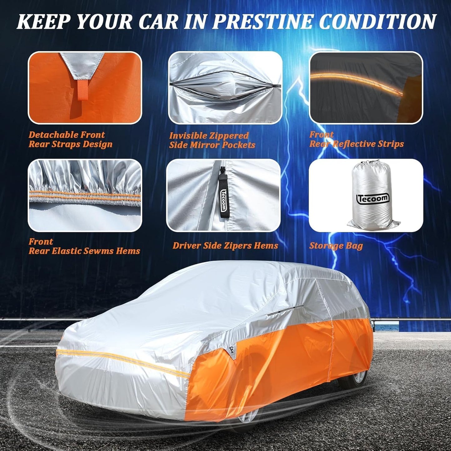 Tecoom Car Cover for Automobiles, Weatherproof Full Exterior Covers, Universal Car Tarp Covers w/Detachable Gust Straps for Toyota Corolla Ford Focus Chevrolet Sonic, Fit 160"-172" Hatchback