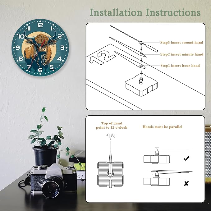 Wall Clocks,Highland Cow 10 Inch Wall Clock,Small Battery Operated Wall Clocks Decorative for Kitchen/Living Room/Bedroom/Bathroom/Dining Room