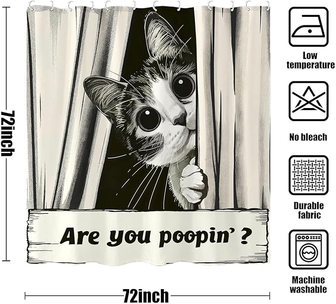 Yeoiat Funny Cat Shower Curtain, are You Poopin' Curious Kitty Whimsical Joke Humor Themed, Shower Curtain Set with 12 Hooks for Bathroom Decor (Black, 72"x72")