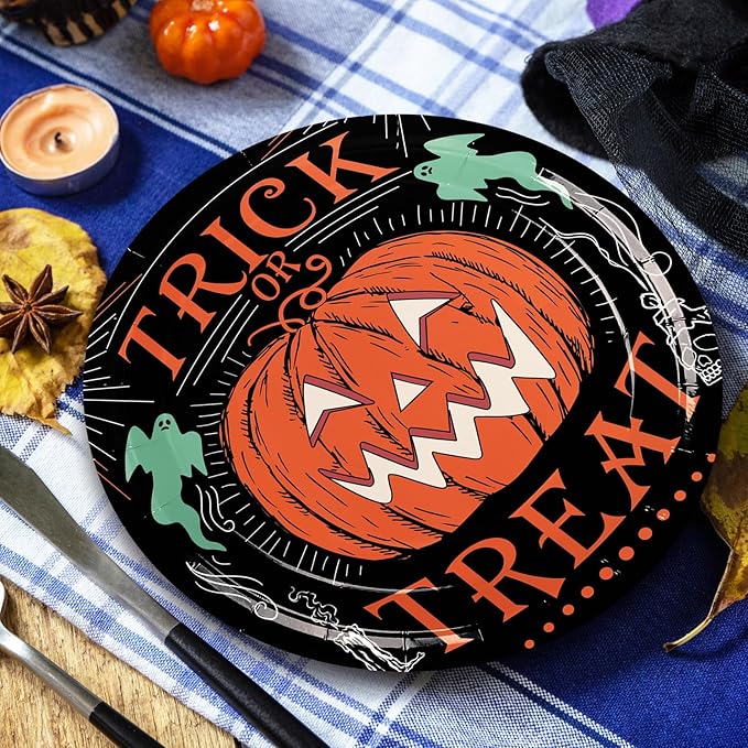 Whaline Halloween Paper Plates Vintage Orange Black Disposable Dinner Plates Black Cat Pumpkin Bat Skeleton 9 Inch Dinnerware Plate for Party Supplies Table Decor, 40Pcs