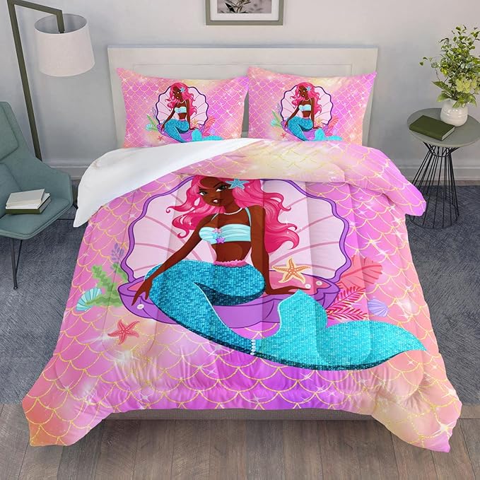 Bedding Comforter Set Black Girl Magic Mermaid Printed Pattern Quilt with 1 and 2 Pillowcases for Girls Bedroom All Season(Black Pink Queen) Queen 90x90inches