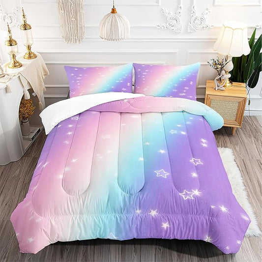 Starry Rainbow Comforter Set Queen Size for Teen Girl Women,Star Printed Comforter Set,Ultra Soft Microfiber 3 Piece Bedding Set 1 Comforter and 2 Pillowcases,All Season