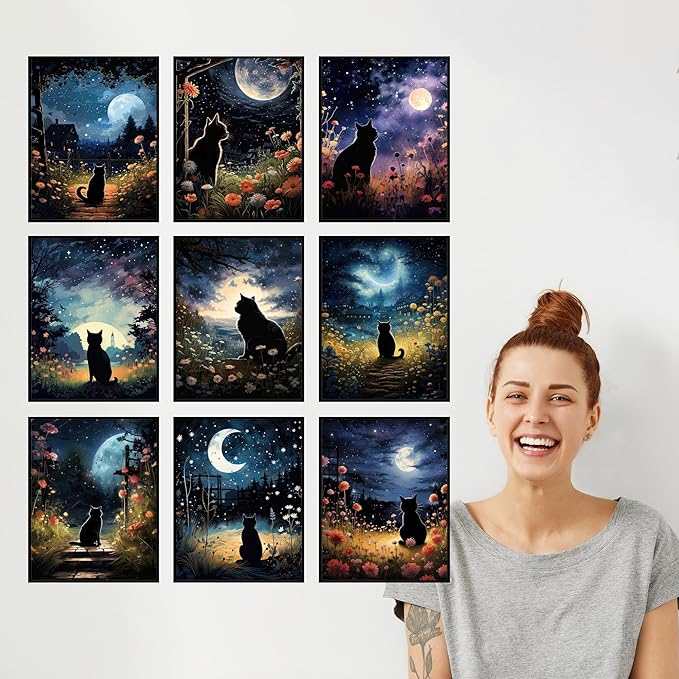 BigWig Prints Black Cat Wall Art - Starry Night Cat Posters, Space-Themed Artwork for Bedroom or Living Room, Cute Pet Pictures for Home Decor - Unframed Set of 9 (8x10)