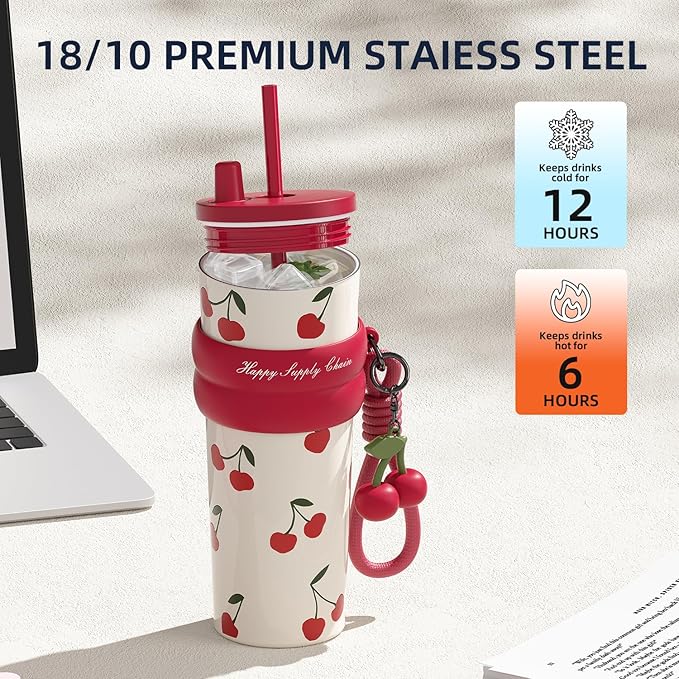 24 OZ Stainless Steel Tumbler with Lid and Straw, Sidagar Insulated Water Bottle Leak Proof for Hot and Cold, Portable Iced Travel Coffee Mug, Reusable Thermal Coffee Cup For Women Women, Cherry