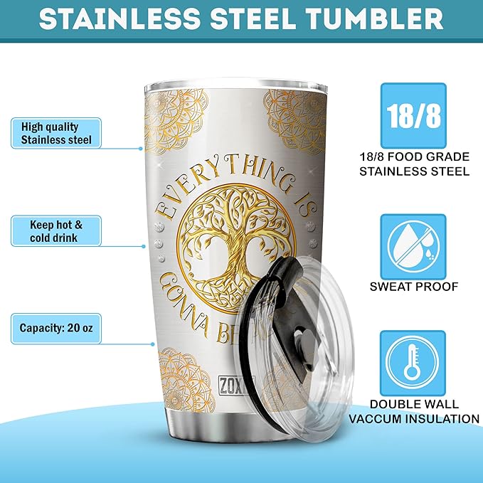 ZOXIX Gnome Insulated Tumbler Everything Is Gonna Be Alright Jewelry Style Stainless Steel Coffee Travel Cup 20oz Cute Gnome Mug With Lid Mandala Hippie Gifts For Women Birthday