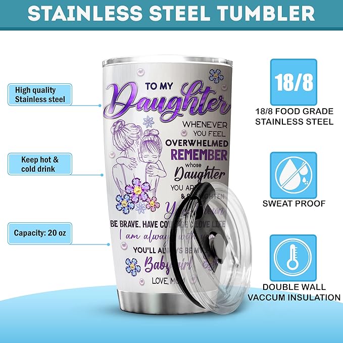 ZOXIX To My Daughter Tumbler From Mom Butterfly Jewelry Style Stainless Steel Coffee Cup 20oz Sentimental Gifts For Daughter From Mother Birthday Present For Her Insulated Mugs