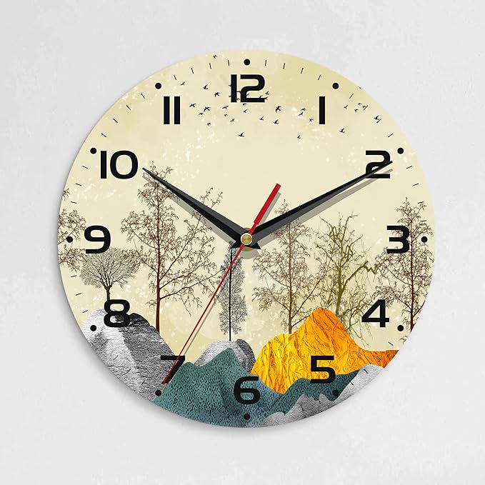 Wall Clock, 10 Inch Silent Non-Ticking Home Kitchen Decor, Battery Operated for Bathroom Bedroom Living Room Office(Golden Forest Mountain)