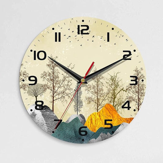 Wall Clock, 10 Inch Silent Non-Ticking Home Kitchen Decor, Battery Operated for Bathroom Bedroom Living Room Office(Golden Forest Mountain)