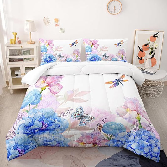 Blue and Pink Flower Comforter Set Full Dragonfly Butterfly Bedding Sets 3PCS for Kids Teen Adult Floral Room Decor Ultra-Soft Lightweight Microfiber 1 Comforter with 2 Pillowcases
