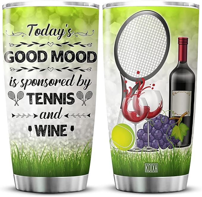 Tennis And Wine Stainless Steel Tumbler 20oz Funny Saying Coffee Cup With Lid Sport Enthusiast Tennis Lover Gift For Women Red Wine Themed Birthday Gifts Insulated Travel Mug