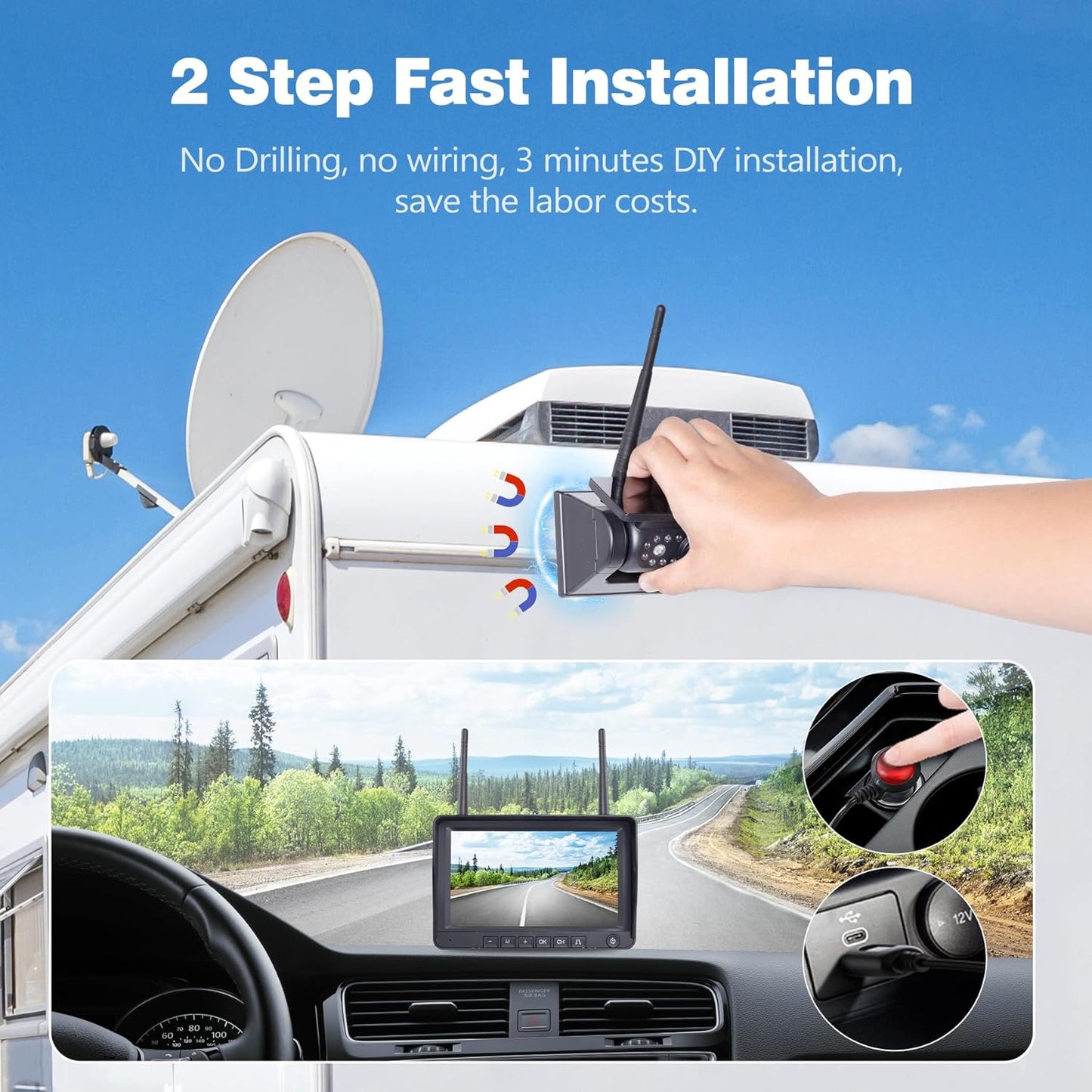 7" 3-Magnetic Wireless RV Backup Camera, HD1080P DVR Monitor, IP69 Waterproof & IR Night Vision 3x9600mAh Rechargeable Cameras, 2 Side Cameras & 1 Rear Camera for Trailer Truck Camper-WS703