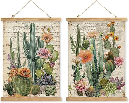 Vintage Spring Flower Poster Print, Botanical Educational Illustration, Rustic Wooden Hanger Frame, Linen Canvas Wall Art Decor, Farmhouse Cottagecore Style for Living Room Bedroom Office (16" x 23")