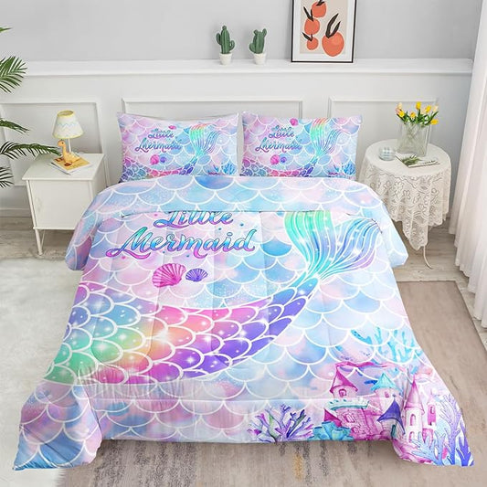 Bedding Comforter Set Rainbow Purple Mermaid Tail Printed Comforter Set with 1 Comforter and 2 Pillowcases for Girls Bedroom All Season(Rainbow Purple Twin)