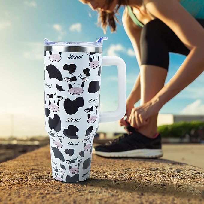 40 oz Tumbler with Handle and Straw, Stainless Steel Insulated Cup with Leak Proof Lid and Straw Lid, Keep Drinks Cold and Hot for Hours（Cow）