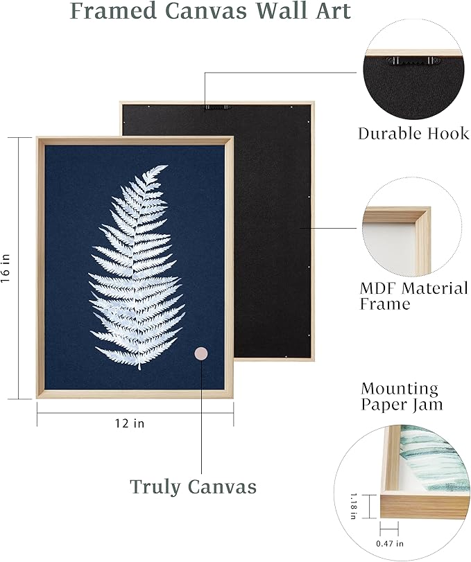 UPWOIGH Wood Framed Wall Art, Minimalist 12x16in Botanical Wall Decor, Fern Plants Framed Prints, White Leafs Tropical Plants,Blue Naval Background High-Frame Process,Bedroom,Set of 3