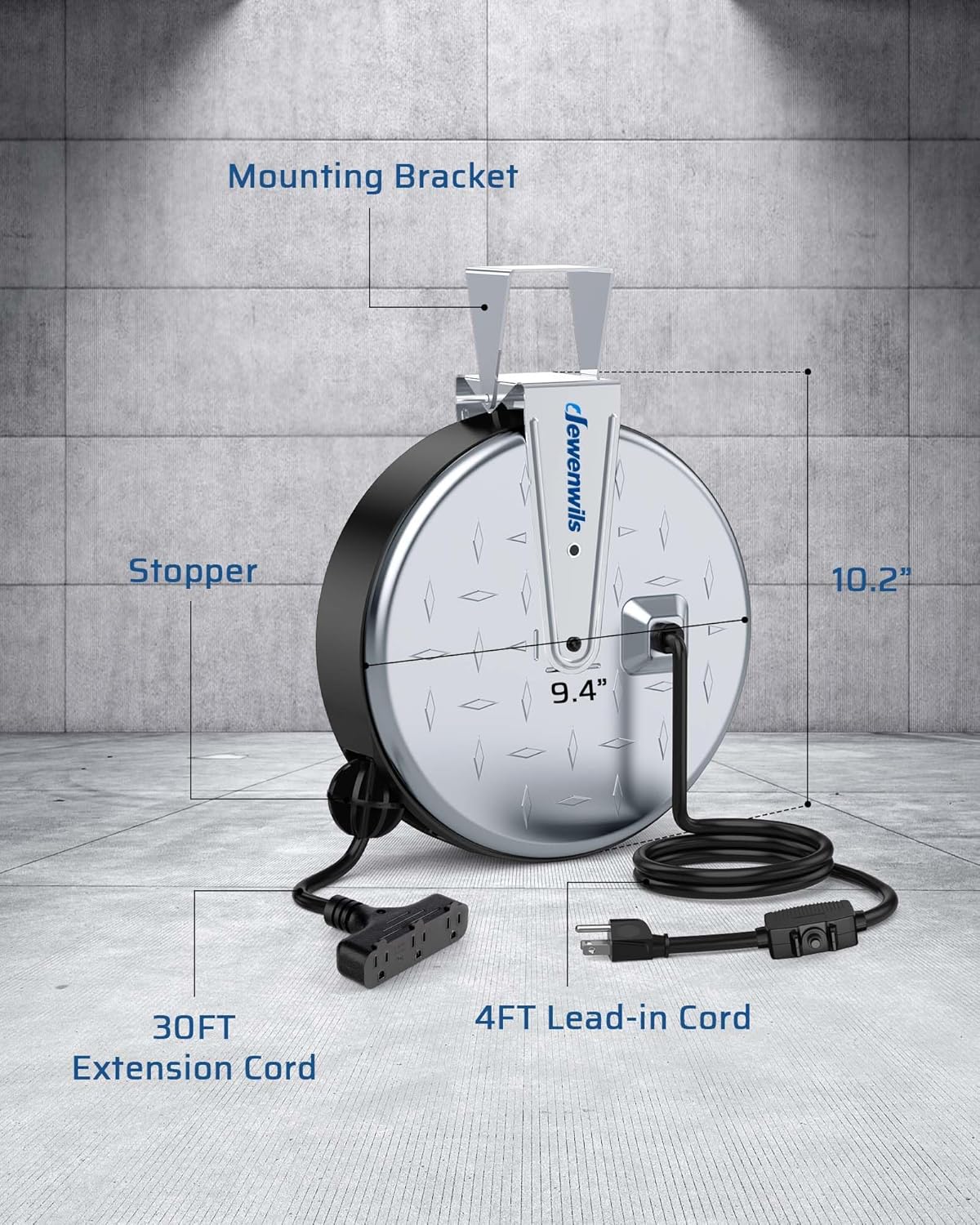 DEWENWILS 30 Ft Retractable Extension Cord Reel, Ceiling/Wall Mount 16/3 Gauge SJTW Power Cord with 3 Electrical Outlets Pigtail for Garage and Shop, 10 Amp Circuit Breaker, Metal Plate, UL Listed