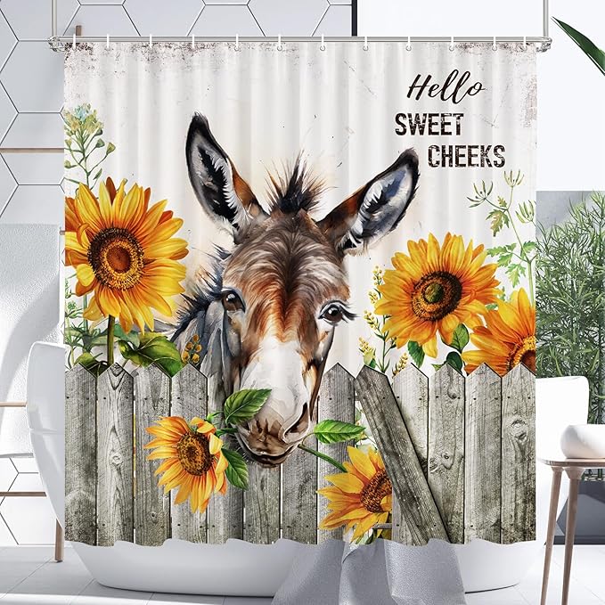Vimorco Shower Curtain Funny Donkey, Cute Donkey Shower Curtains for Bathroom, Waterproof Quick-Dry Polyester Fabric Shower Curtain, Farmhouse Sunflower Bathroom Set, Bath Curtain Decor, 72''x 72''