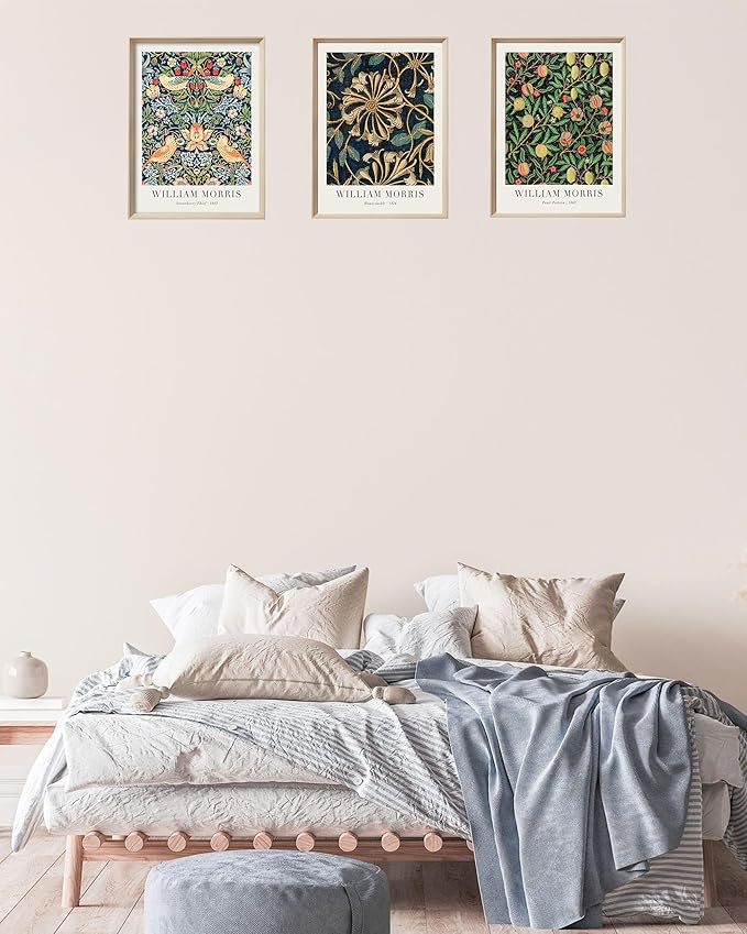 UPWOIGH Framed Vintage Wall Art, 16x12in William Morris Wood Canvas Wall Decor, Gold Strawberry Thief Wall Art, Birds Botanical Cotton Prints Poster for Living Room Bedroom,Bathroom