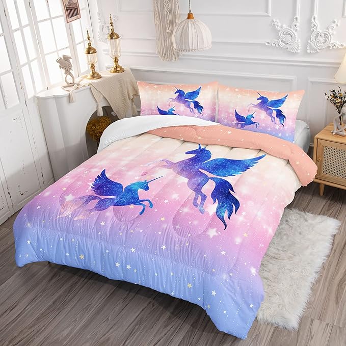 Bedding Comforter Set Starry Sky Unicorn Printed Pattern Quilt with 1 and 2 Pillowcases for Girls Bedroom All Season(Purple Twin) Twin 68x86inches