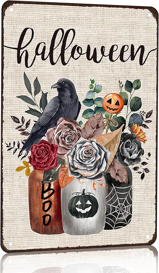 Vintage Decor Gift Halloween Flower Crow Pumpkin Mason Jar Tin Sign for Home Bedroom Living Room Wall Decor 8 X 12 Inch (3133)